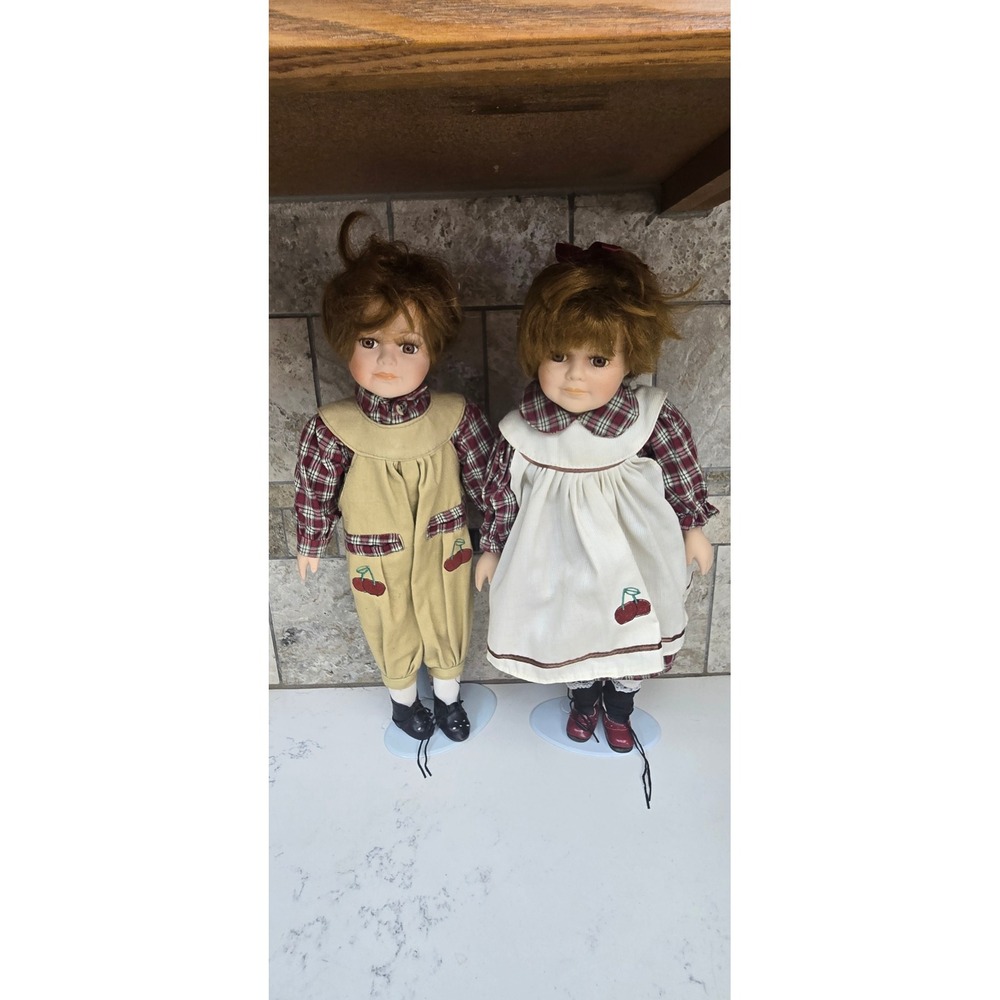 Vintage Porcelain Collector Dolls Boy Girl Set Cherry Embroidery Plaid Outfits